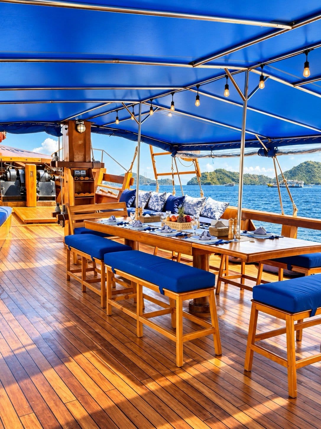 Long dining table and benches on the covered teak deck