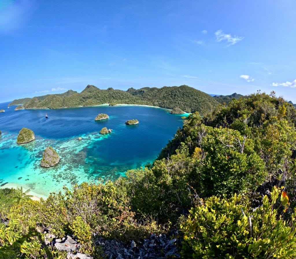 View over the turquoise lagoons and green islets of Raja Ampat