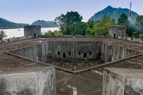 Stone walls and towers of Fort Belgica, the old Dutch fort on Banda Neira