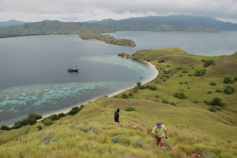 Guests hiking up a grassy island hillside above a bay where Tiger Blue lies at anchor