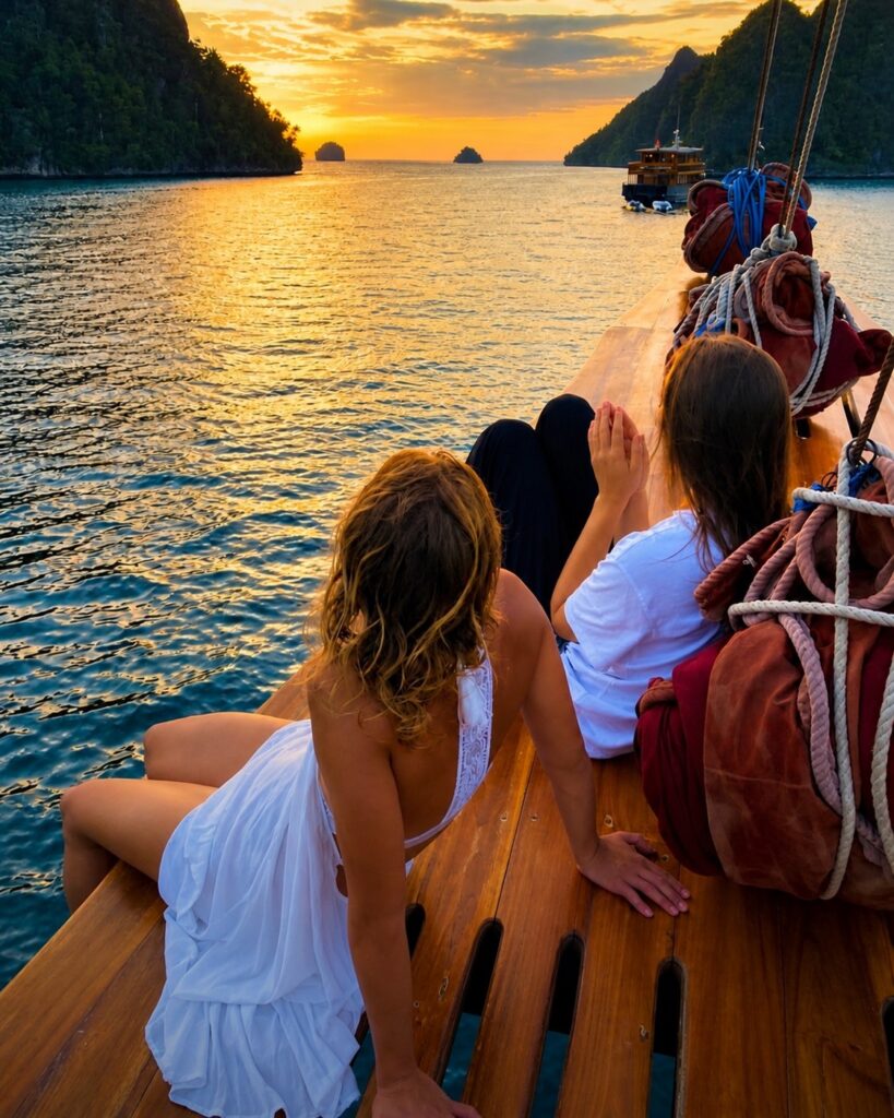 Two guests relax on the teak bow of Tiger Blue at sunset, with forested islands ahead