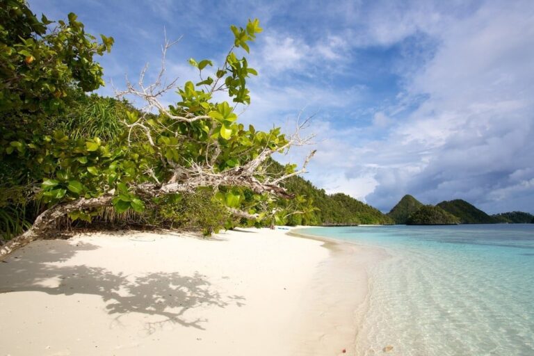 Empty white-sand beach with clear shallow water and forested islands in Raja Ampat